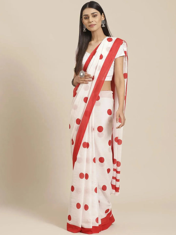 White Printed Cotton Saree - Libas