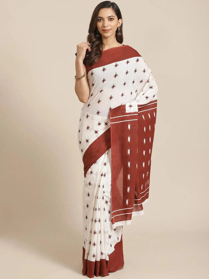 White Printed Cotton Saree - Libas