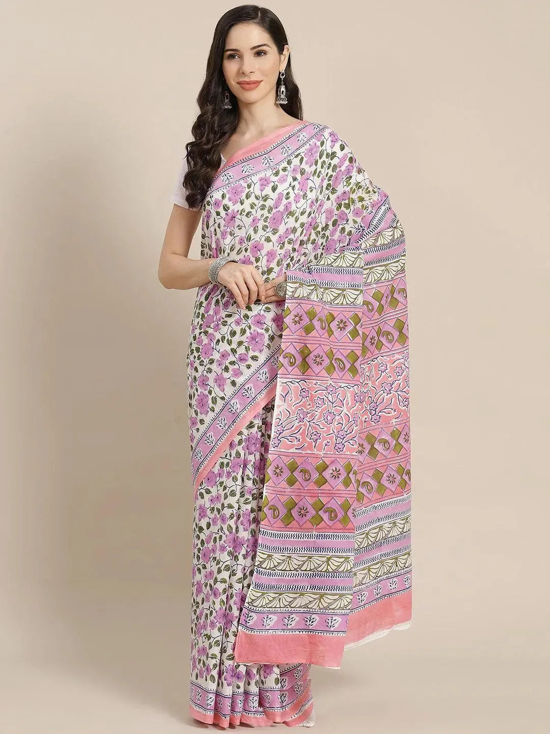 White Printed Cotton Saree - Libas