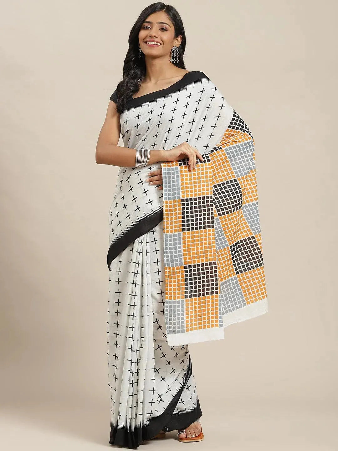 White Printed Cotton Saree - Libas