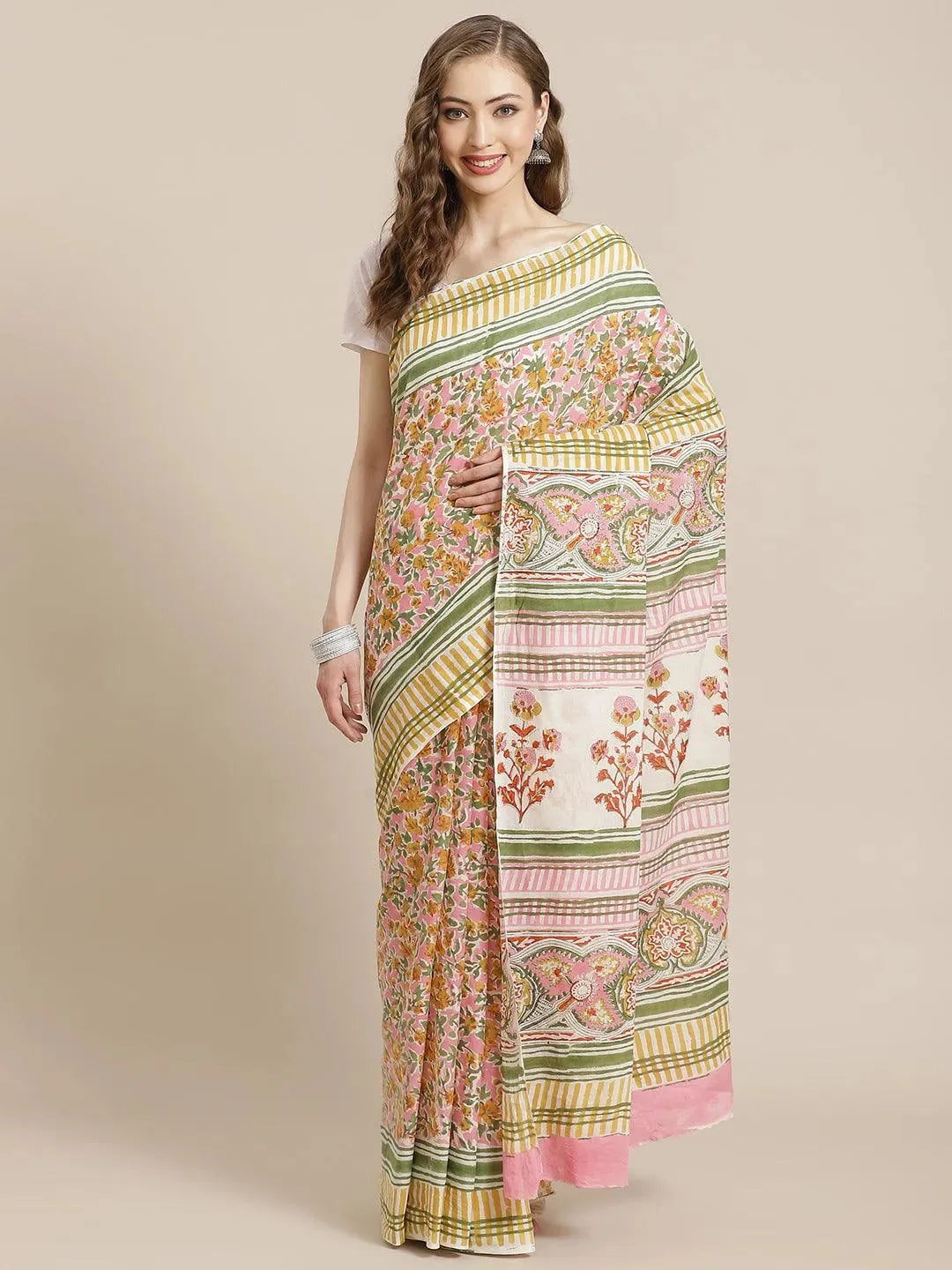 White Printed Cotton Saree - Libas