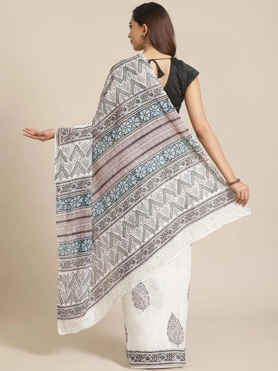 White Printed Cotton Saree - Libas