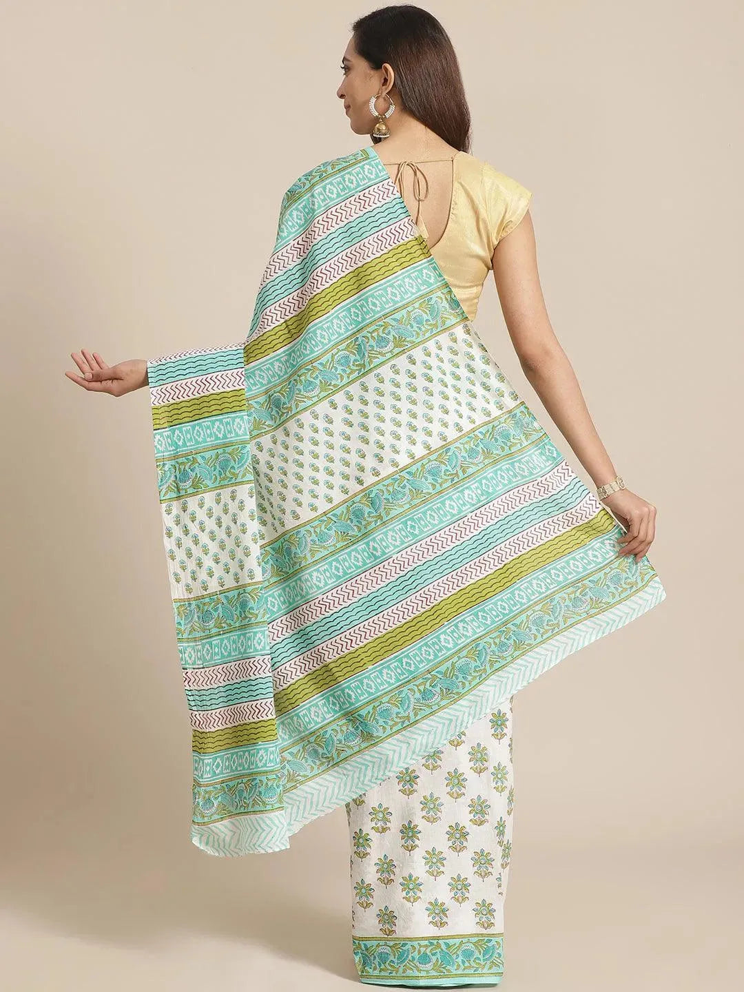White Printed Cotton Saree - Libas 