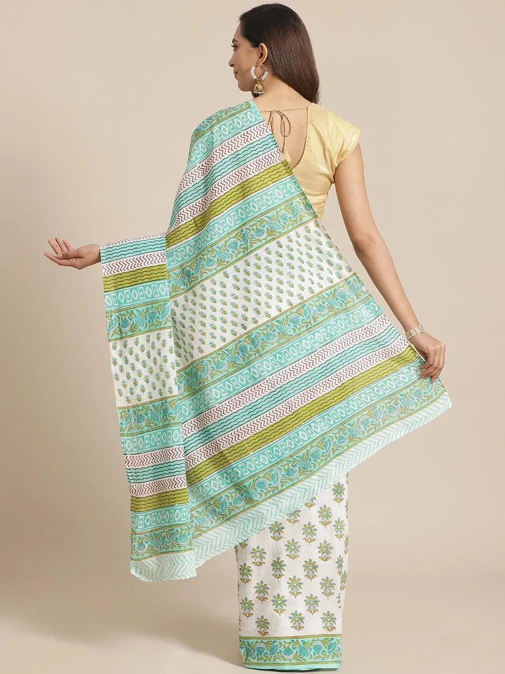 White Printed Cotton Saree - Libas