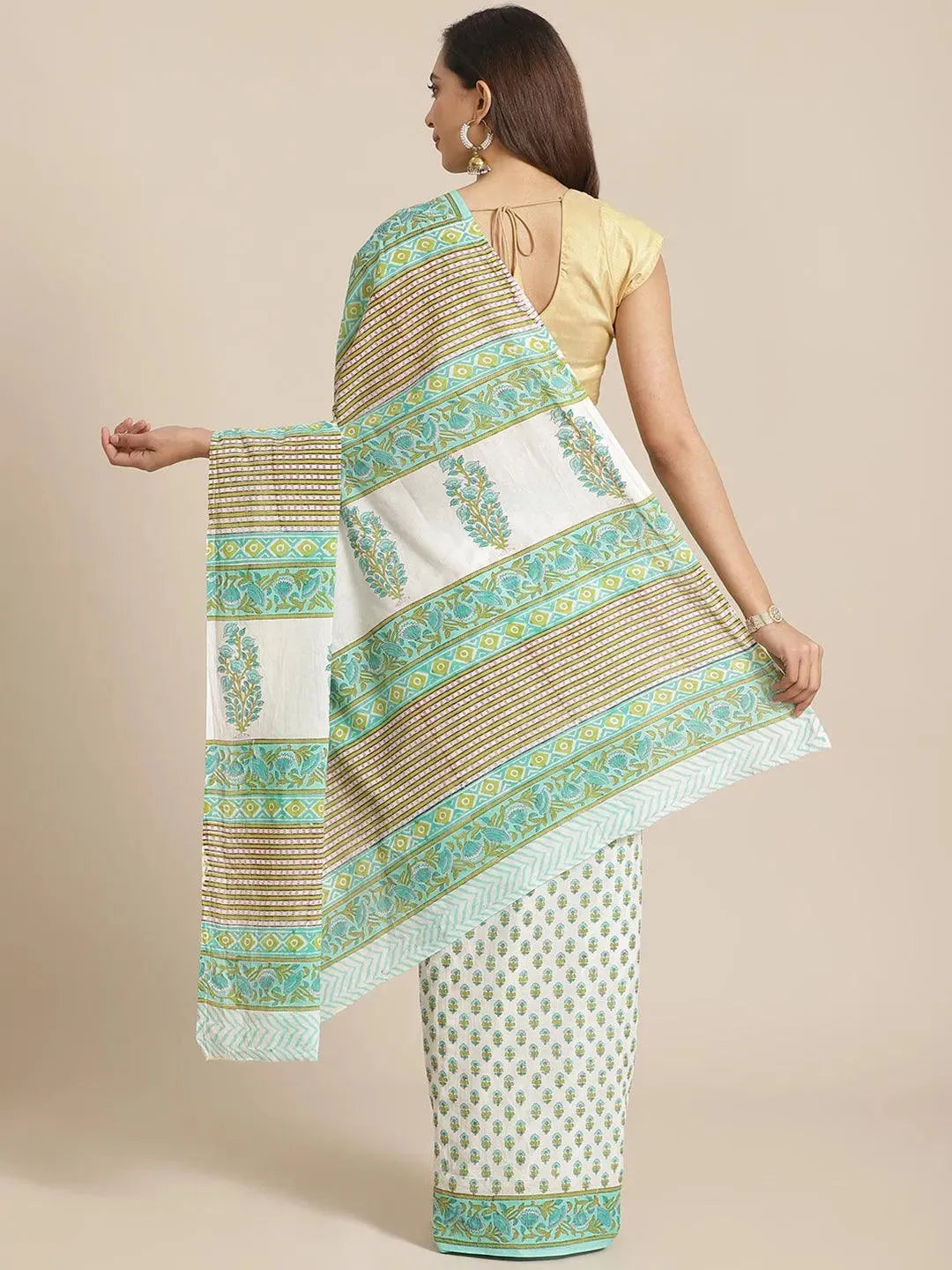 White Printed Cotton Saree - Libas