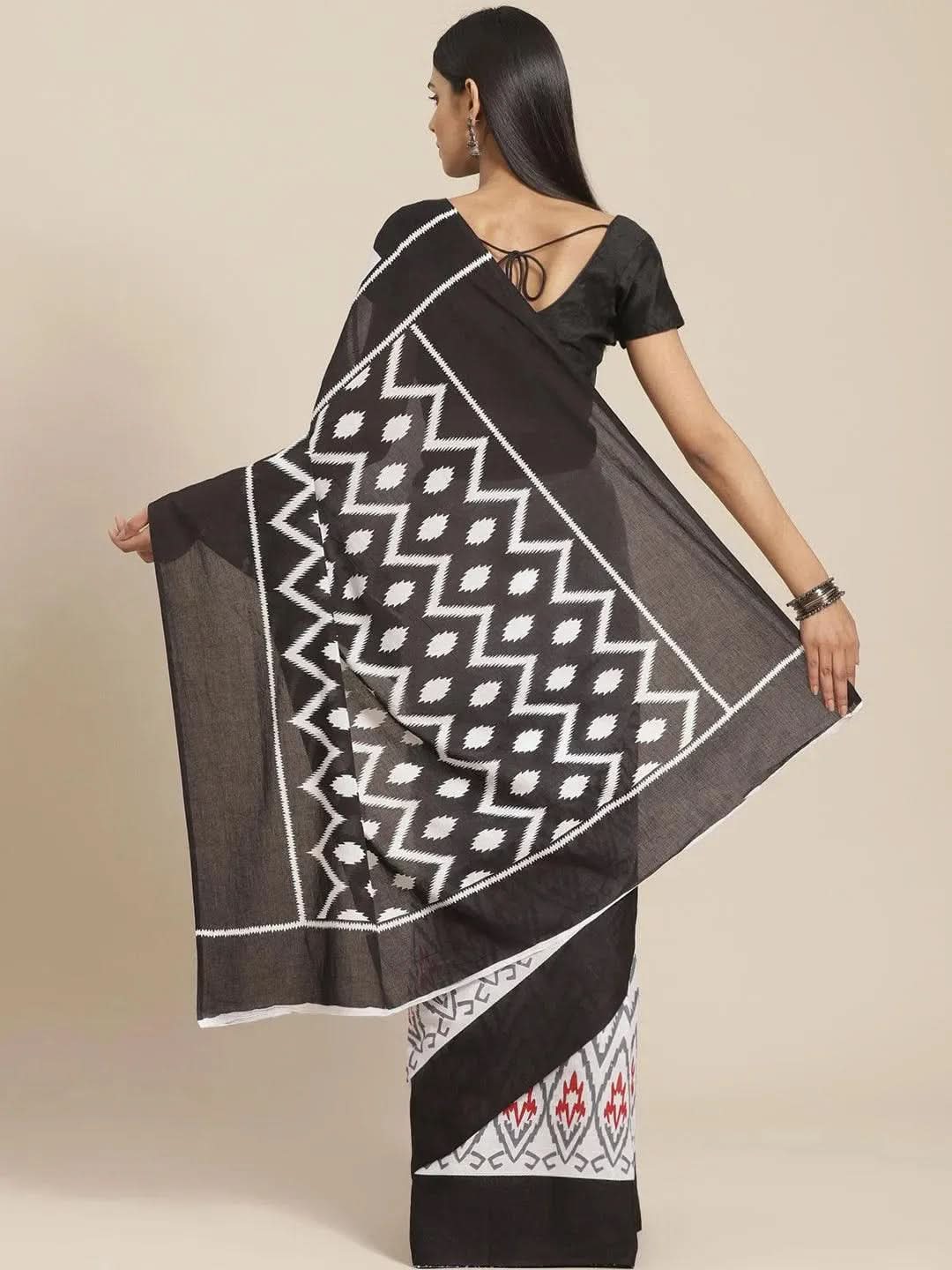 White Printed Cotton Saree - Libas 