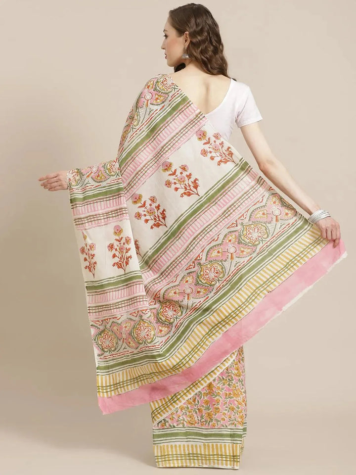 White Printed Cotton Saree - Libas