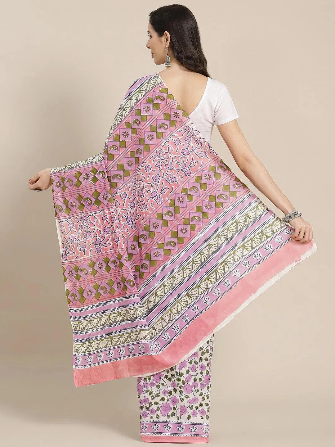 White Printed Cotton Saree - Libas