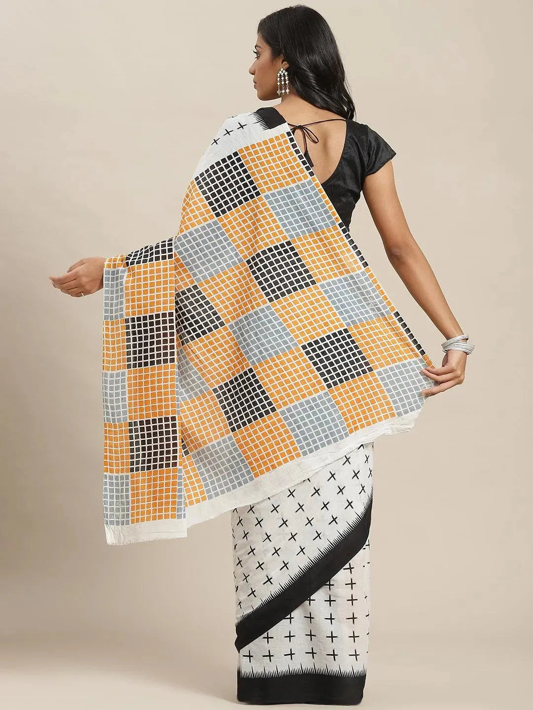 White Printed Cotton Saree - Libas 