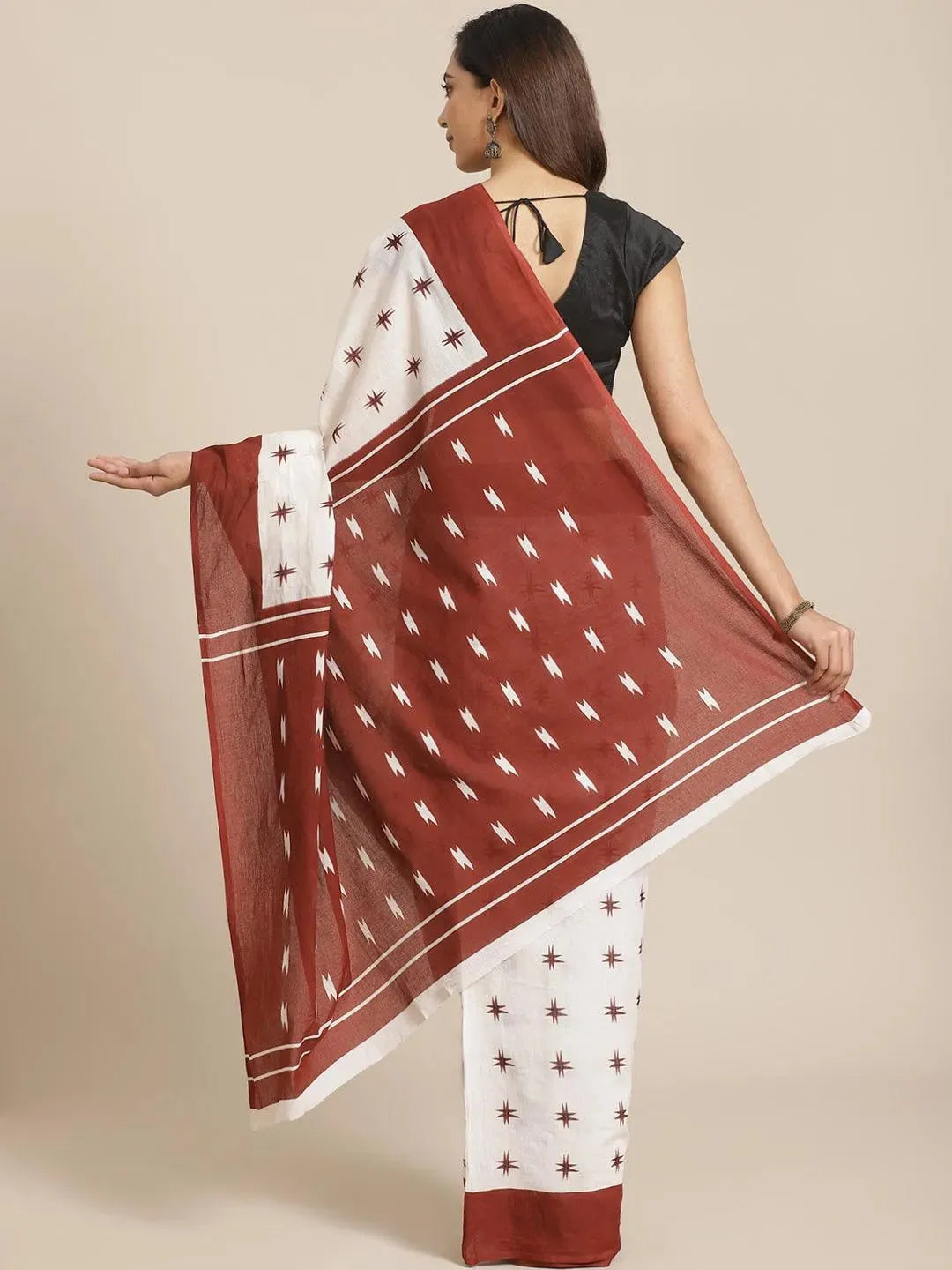 White Printed Cotton Saree - Libas