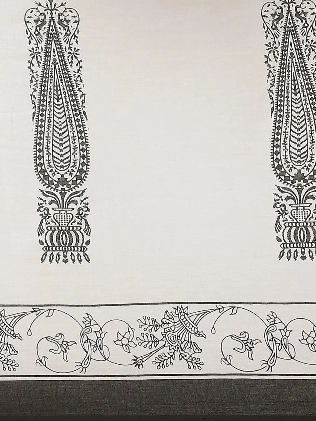 White Printed Cotton Saree - Libas 
