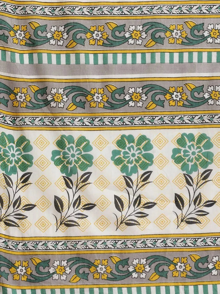 White Printed Cotton Saree - Libas