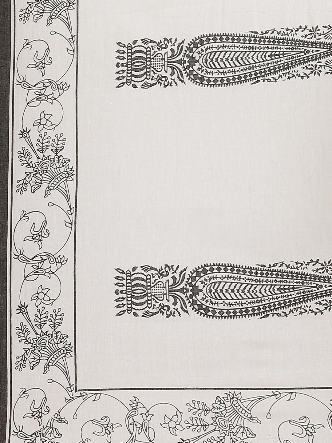 White Printed Cotton Saree - Libas