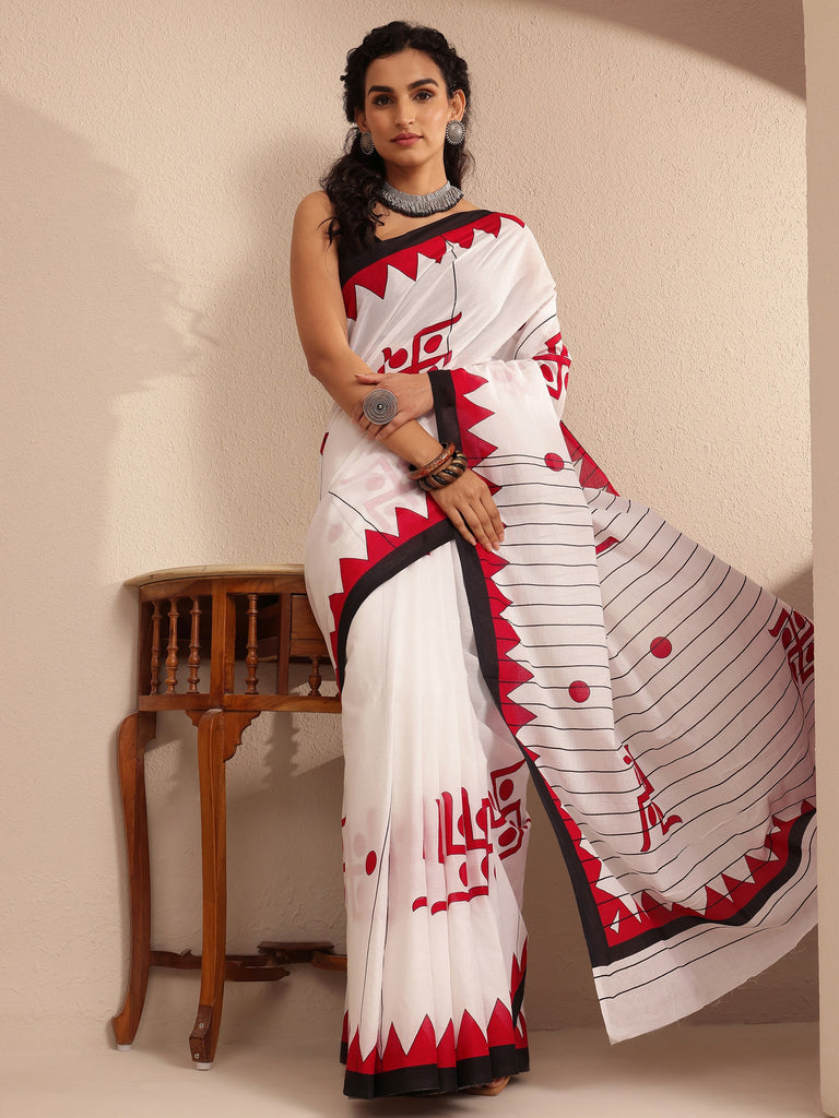Libas White Printed Cotton Saree With Unstitched Blouse Piece
