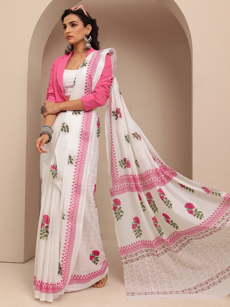 Libas White Printed Cotton Saree With Unstitched Blouse Piece