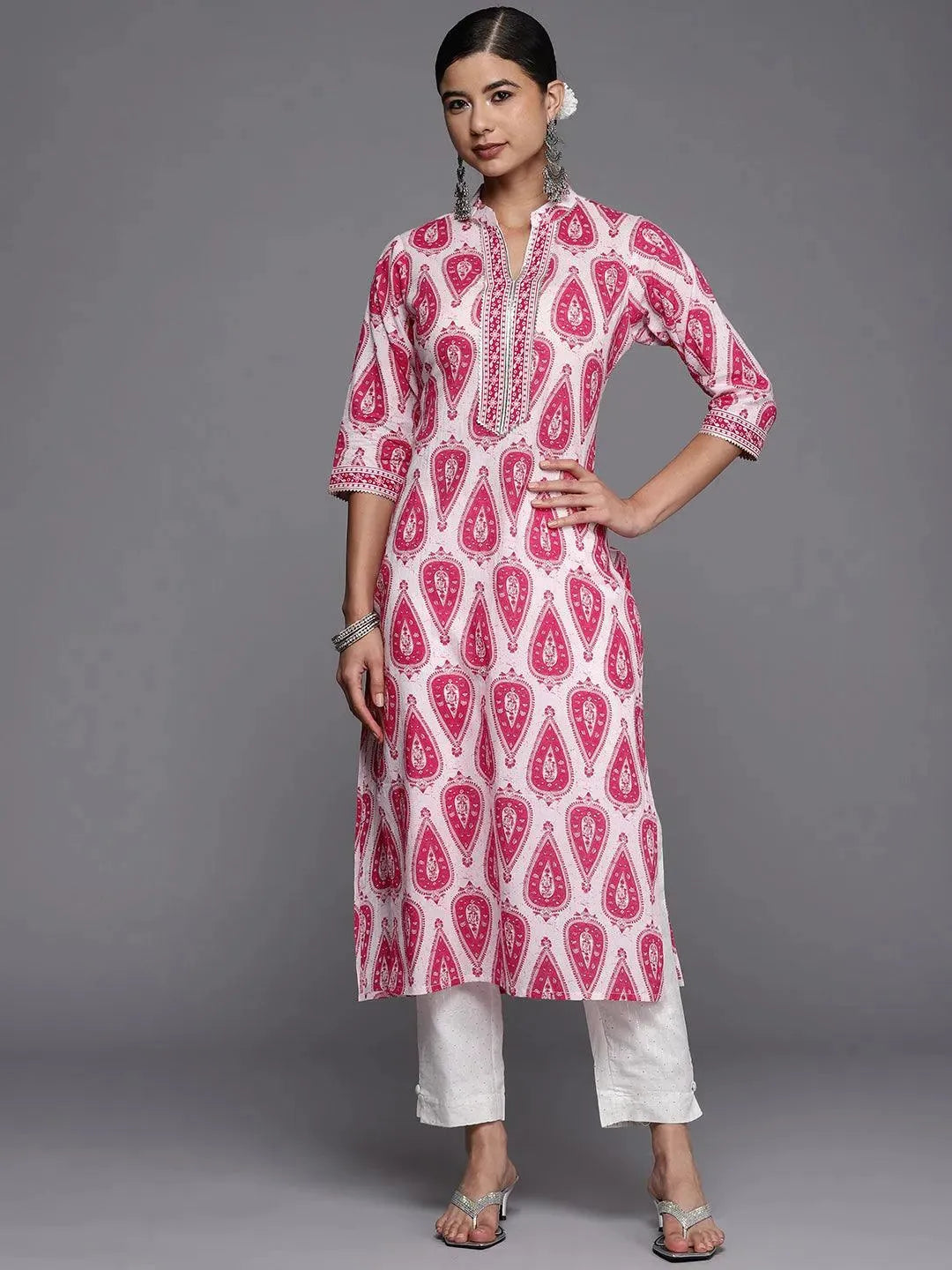 White Printed Cotton Straight Kurta - Libas