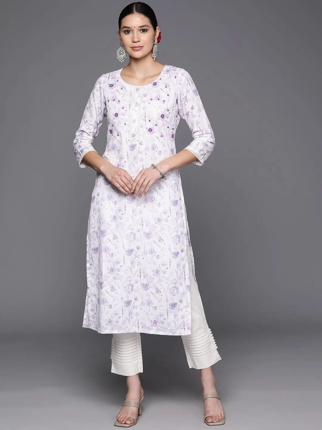 White Printed Cotton Straight Kurta - Libas 