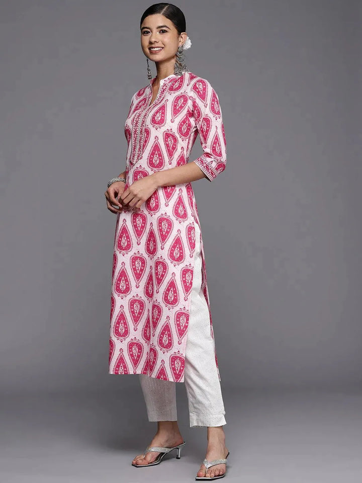 White Printed Cotton Straight Kurta - Libas