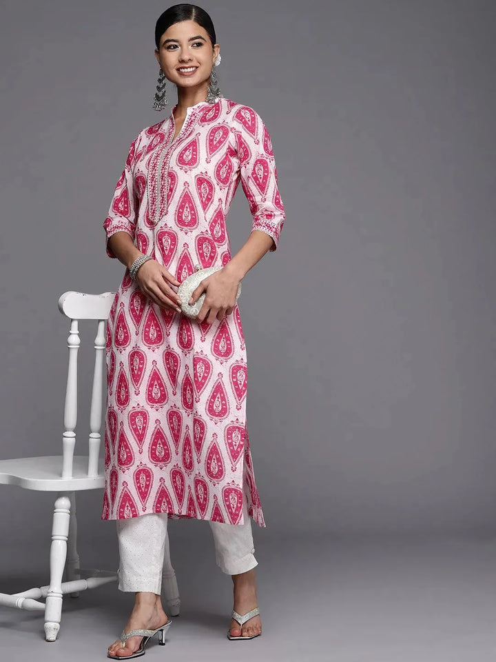 White Printed Cotton Straight Kurta - Libas