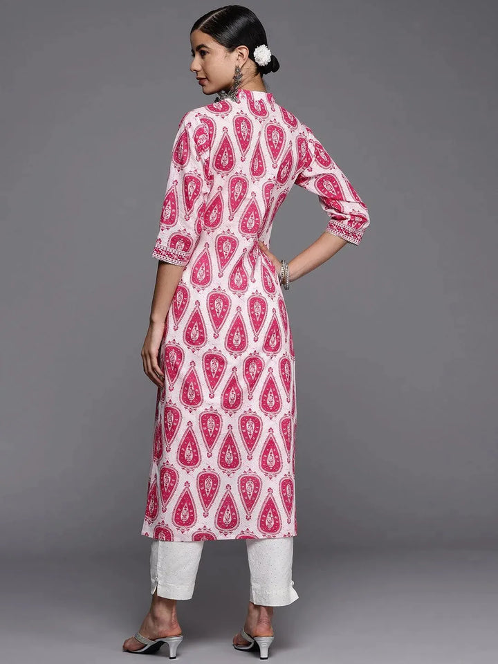 White Printed Cotton Straight Kurta - Libas