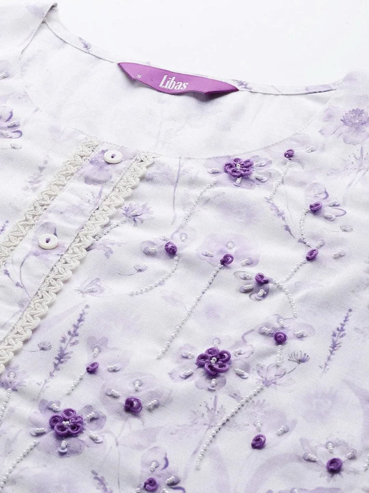 White Printed Cotton Straight Kurta - Libas