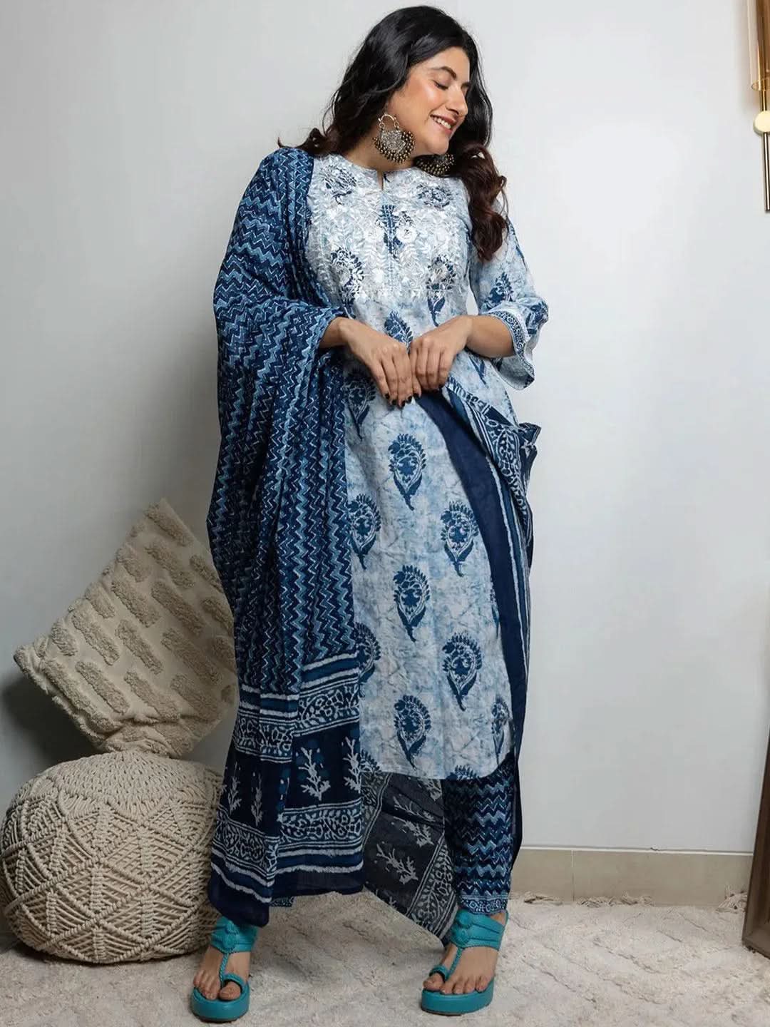 Buy White Printed Cotton Straight Kurta With Dupatta Online at Rs