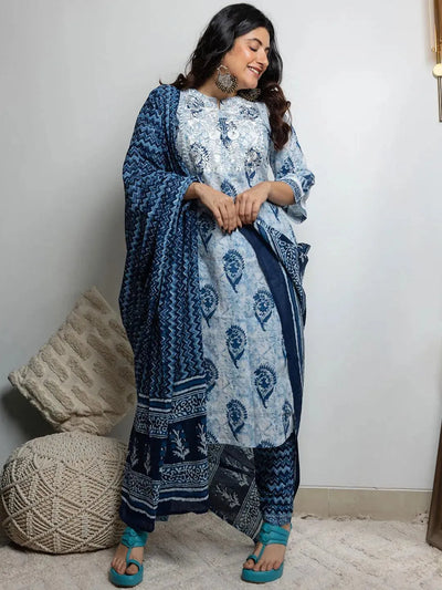 White Printed Cotton Suit Set - Libas