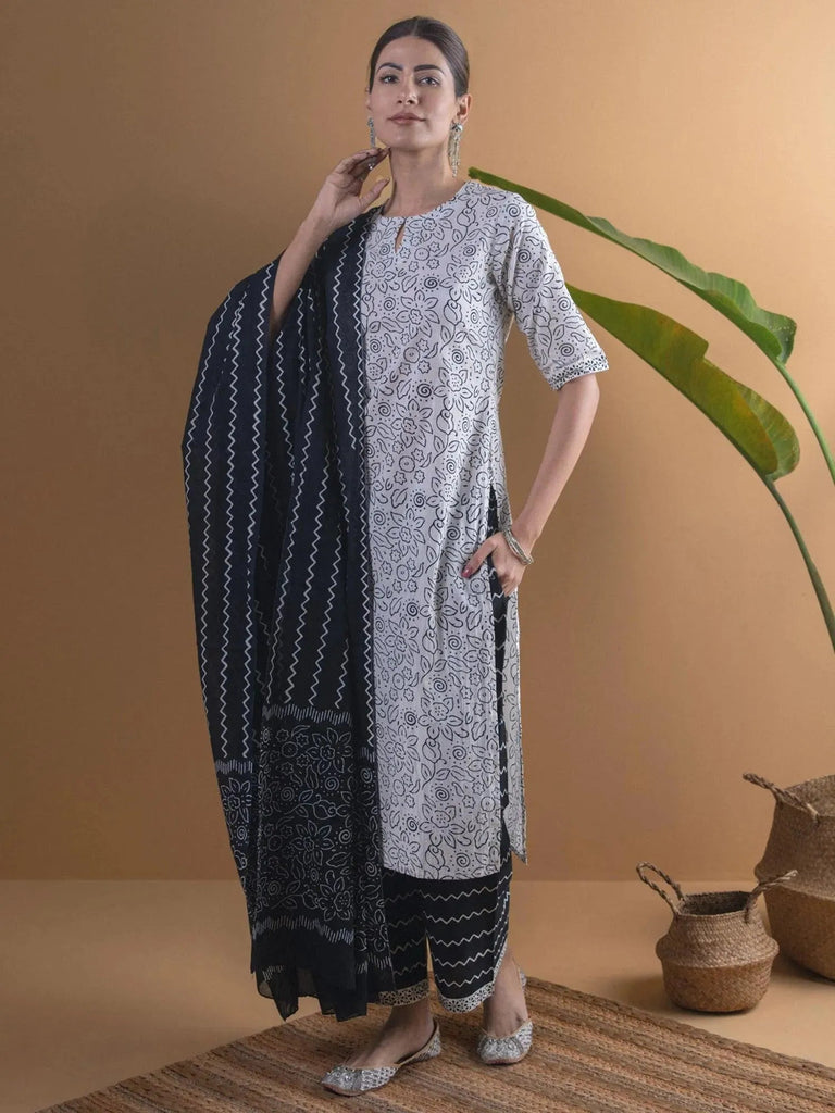 Libas White Printed Cotton Straight Kurta With Palazzos & Dupatta
