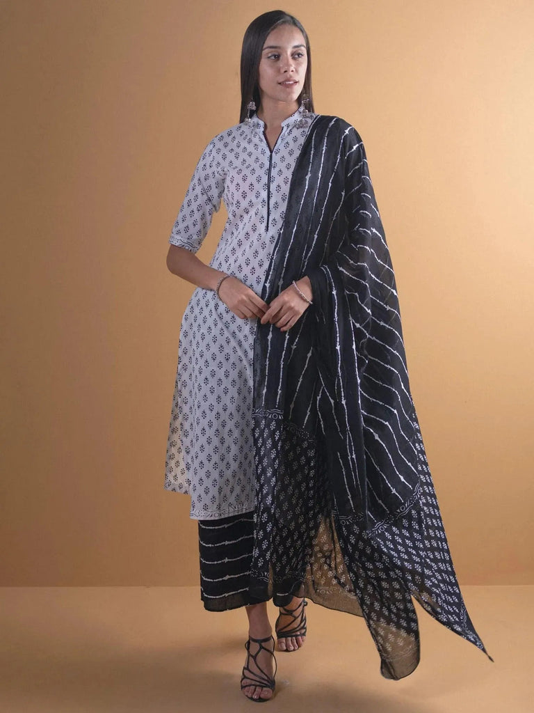 Libas White Printed Cotton Straight Kurta With Palazzos & Dupatta