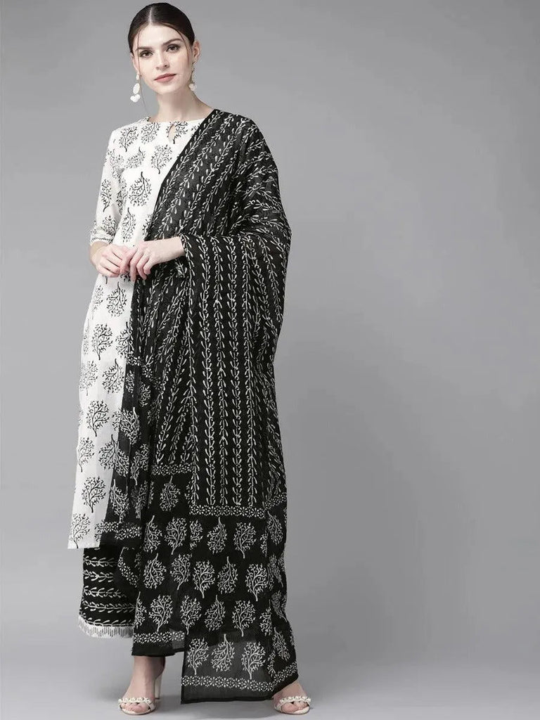 Libas White Printed Cotton Straight Kurta With Palazzos & Dupatta