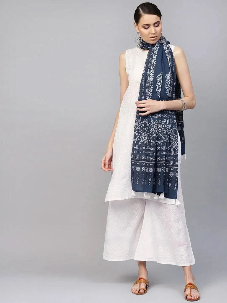 Libas White Printed Cotton Straight Kurta With Palazzos & Dupatta