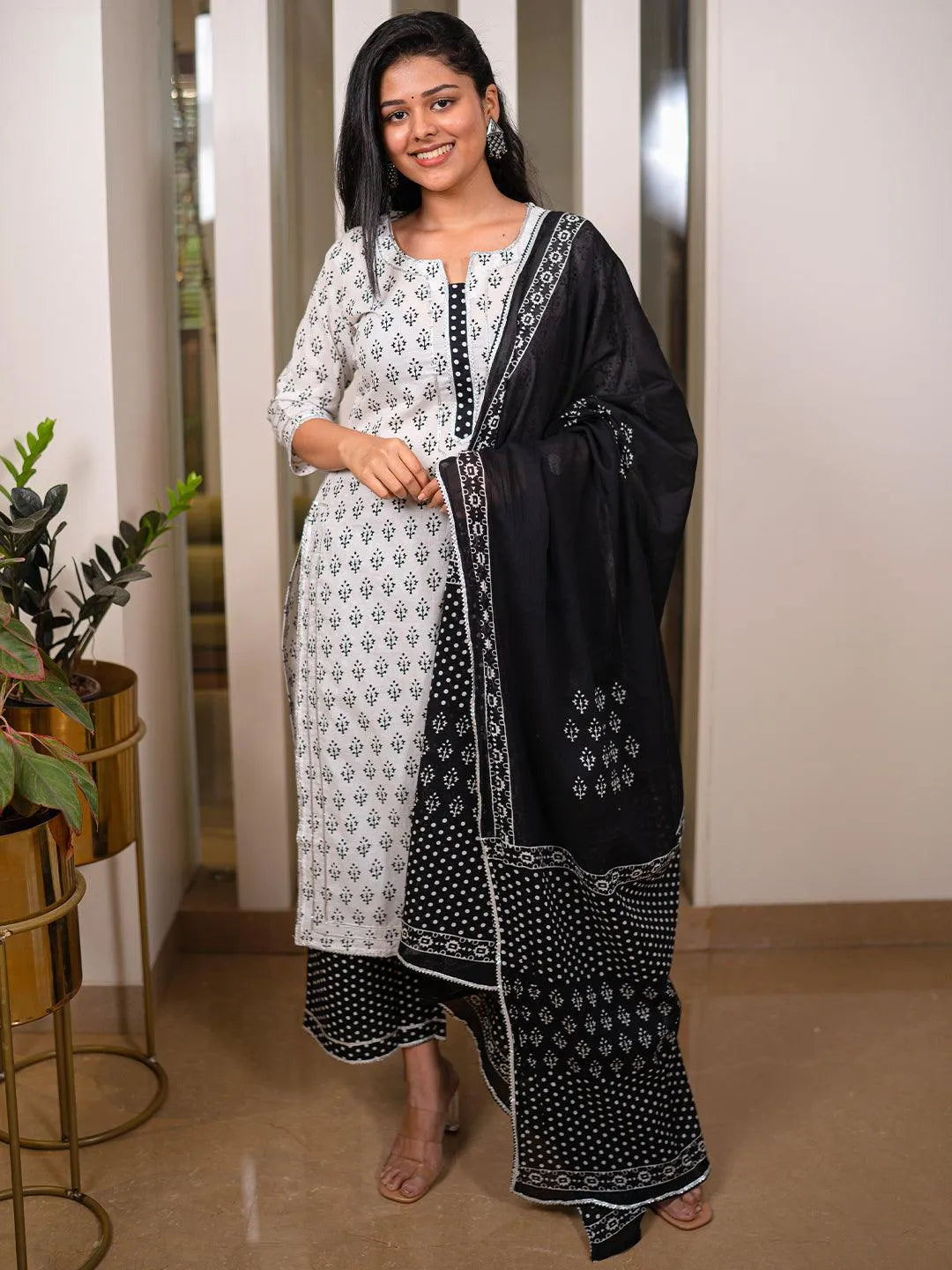 White Printed Cotton Straight Kurta With Palazzos & Dupatta - Libas