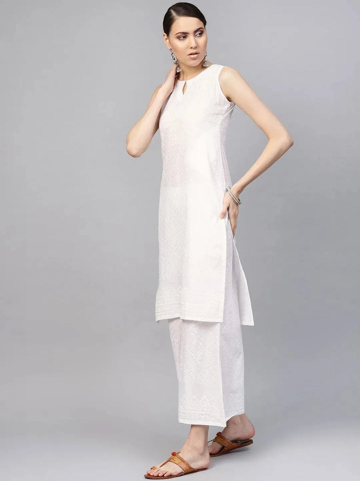 White Printed Cotton Suit Set - Libas