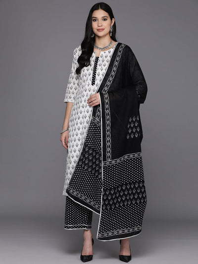 White Printed Cotton Straight Suit Set With Palazzos - Libas