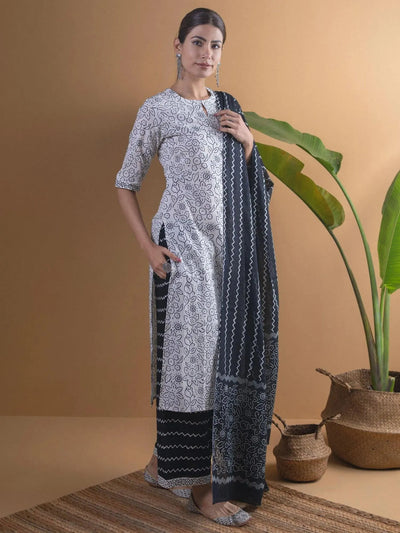 White Printed Cotton Suit Set - Libas