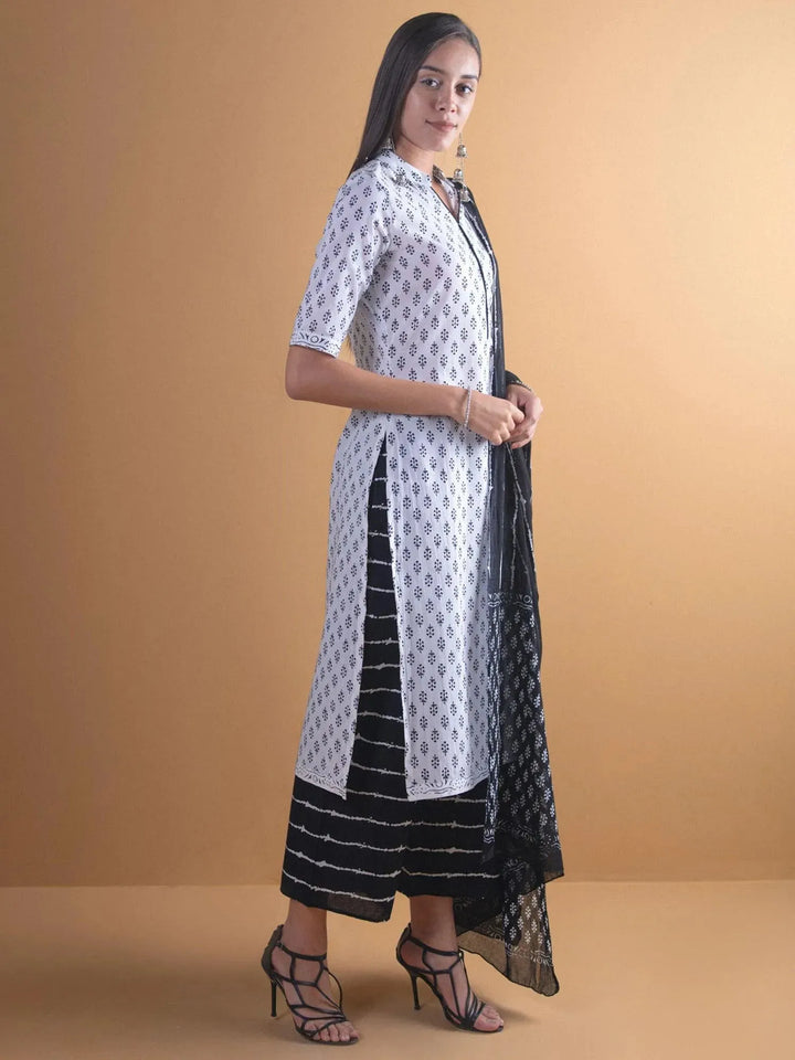 White Printed Cotton Suit Set - Libas