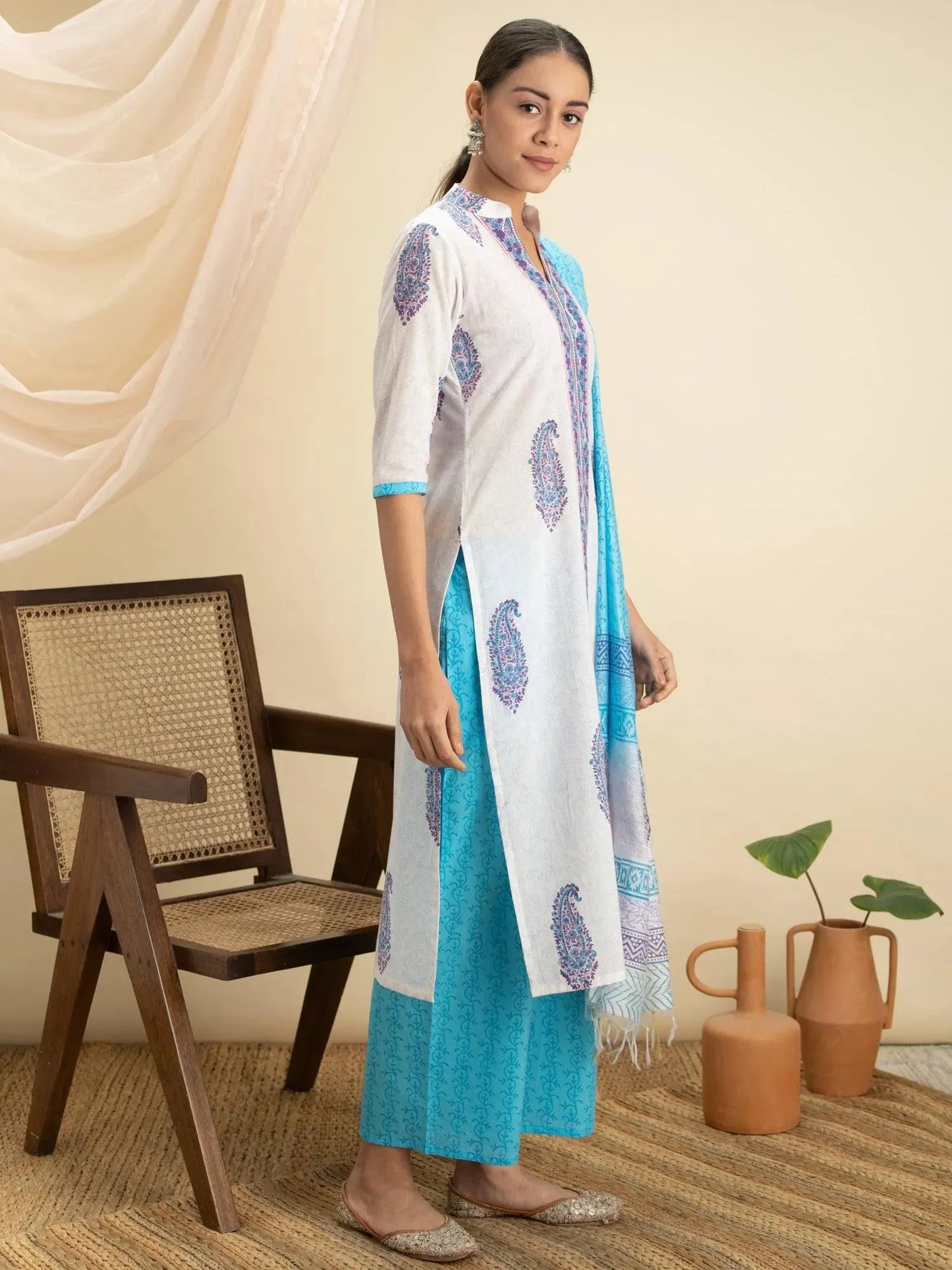 White Printed Cotton Suit Set - Libas