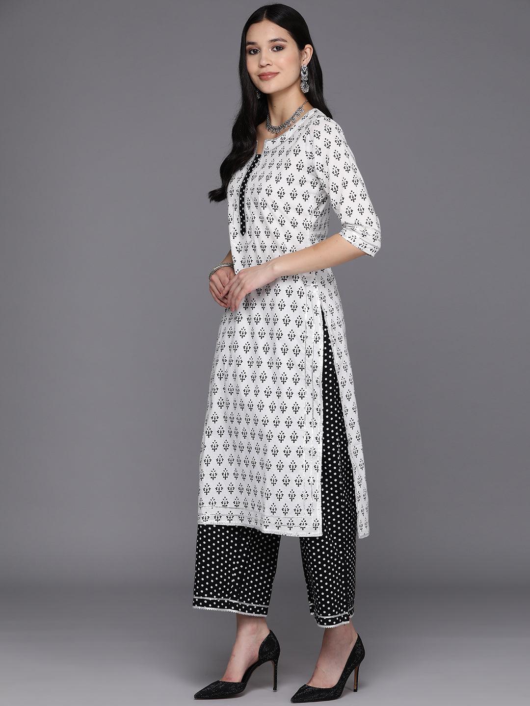 White Printed Cotton Straight Suit Set With Palazzos - Libas