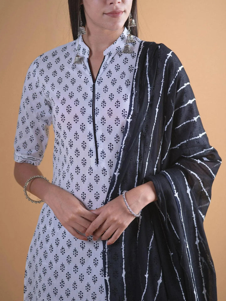 White Printed Cotton Suit Set - Libas