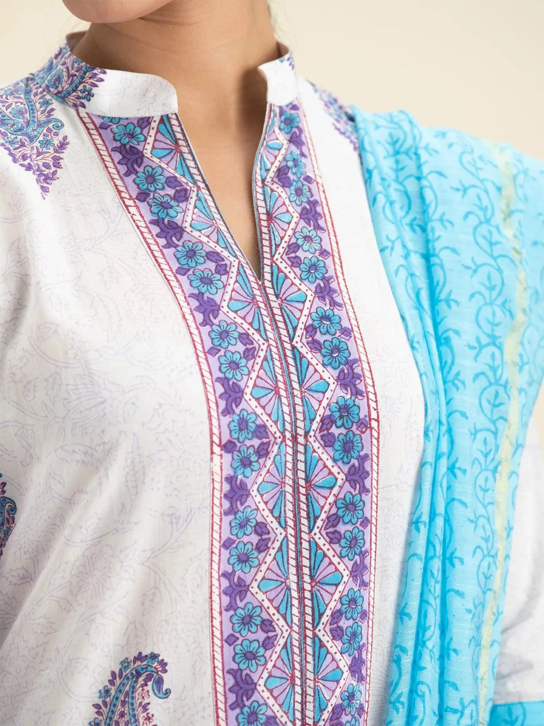 White Printed Cotton Suit Set - Libas 