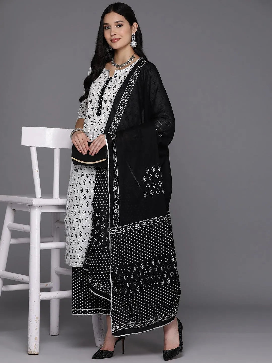 White Printed Cotton Straight Suit Set With Palazzos - Libas