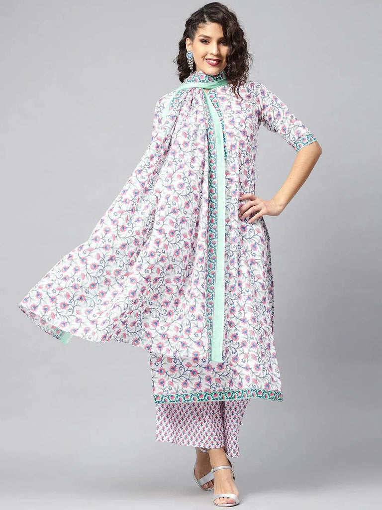 Libas White Printed Cotton Straight Kurta With Palazzos