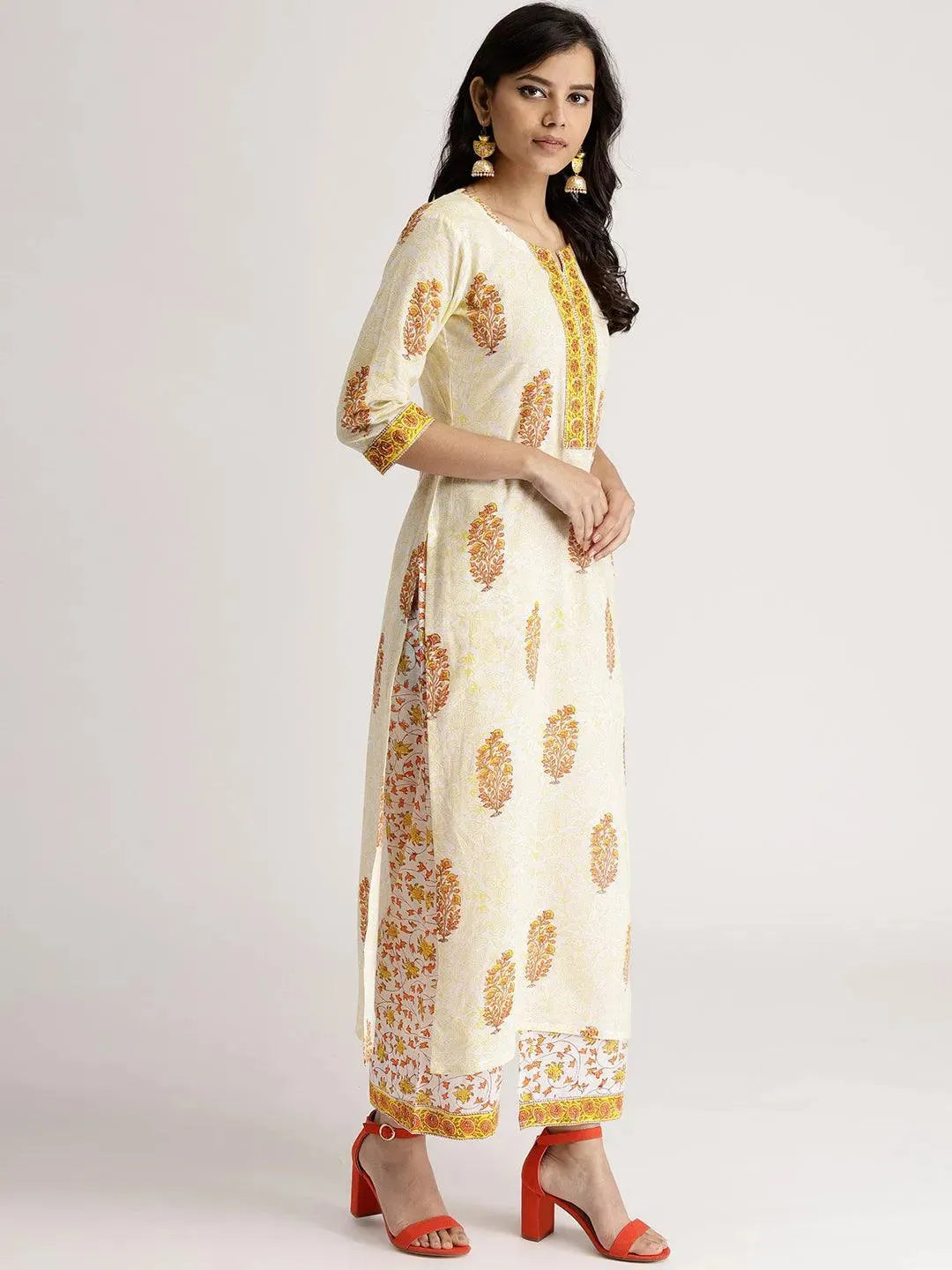 White Printed Cotton Kurta Set - Libas