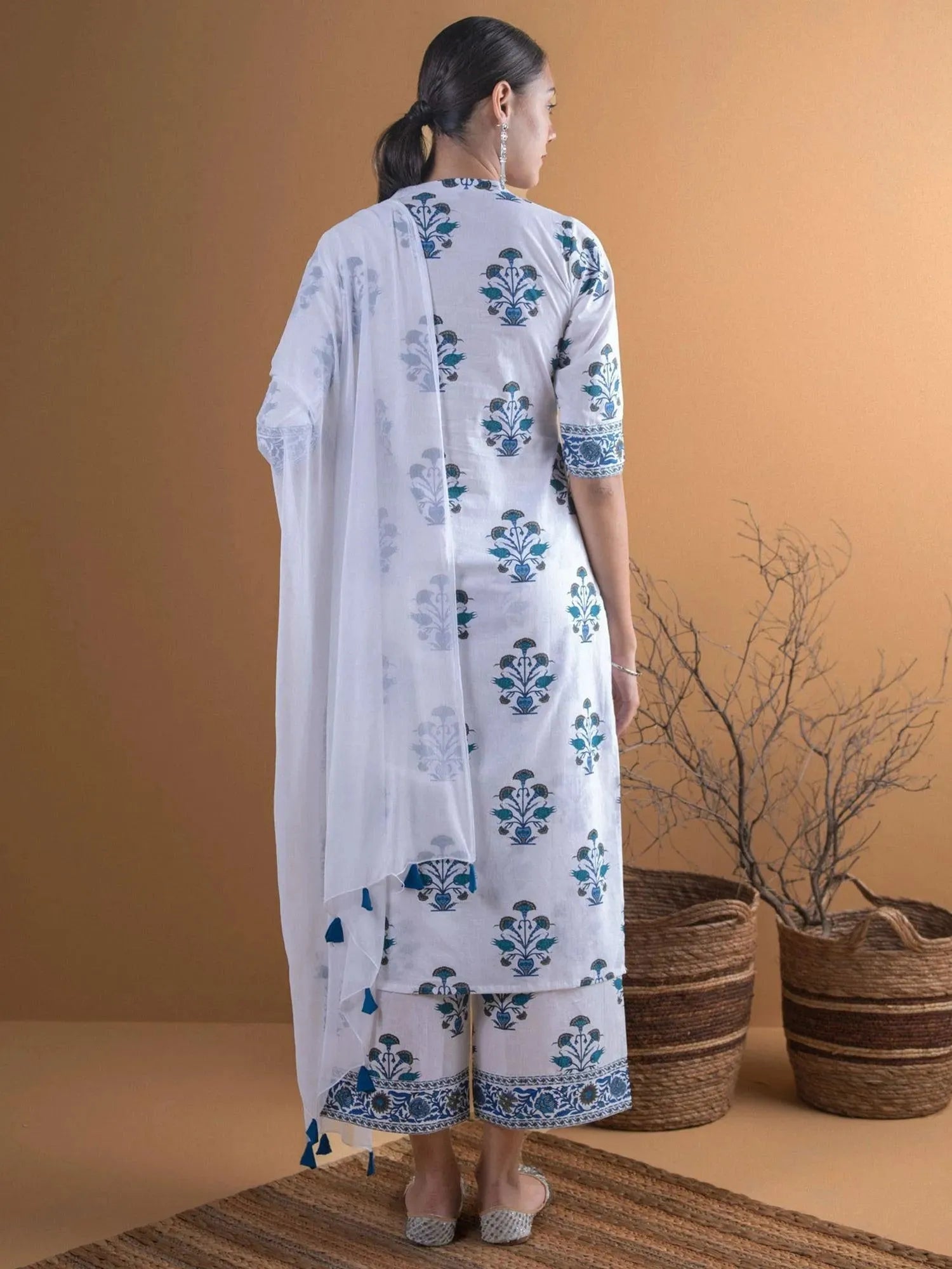 ivory white self print cotton kurti with palazzo set