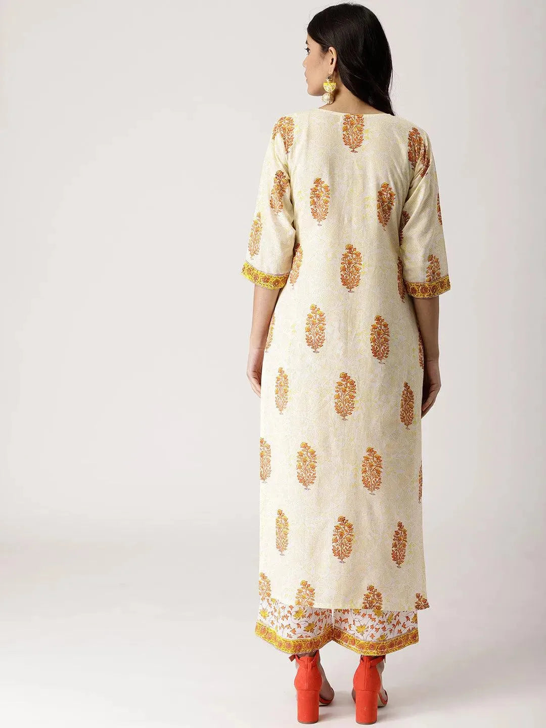 White Printed Cotton Kurta Set - Libas