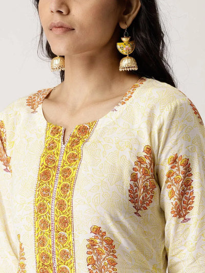 White Printed Cotton Kurta Set - Libas