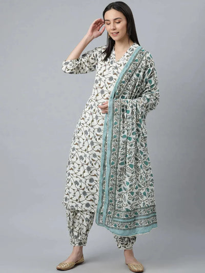 White Printed Cotton Suit Set - Libas