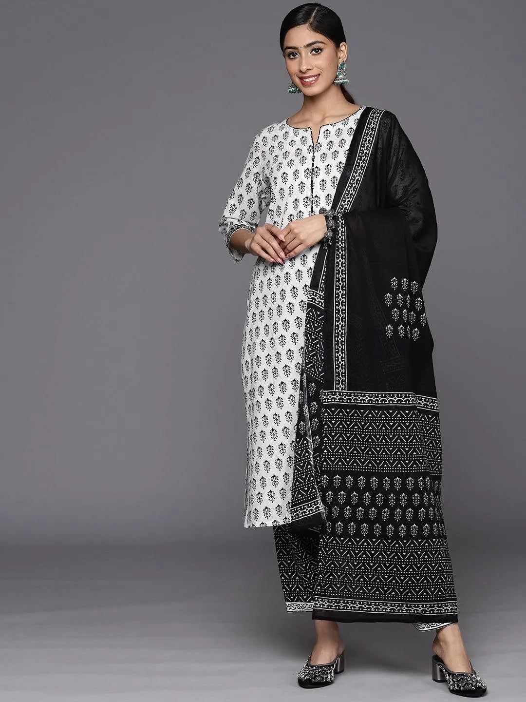 White Printed Cotton Straight Suit Set With Salwar - Libas 