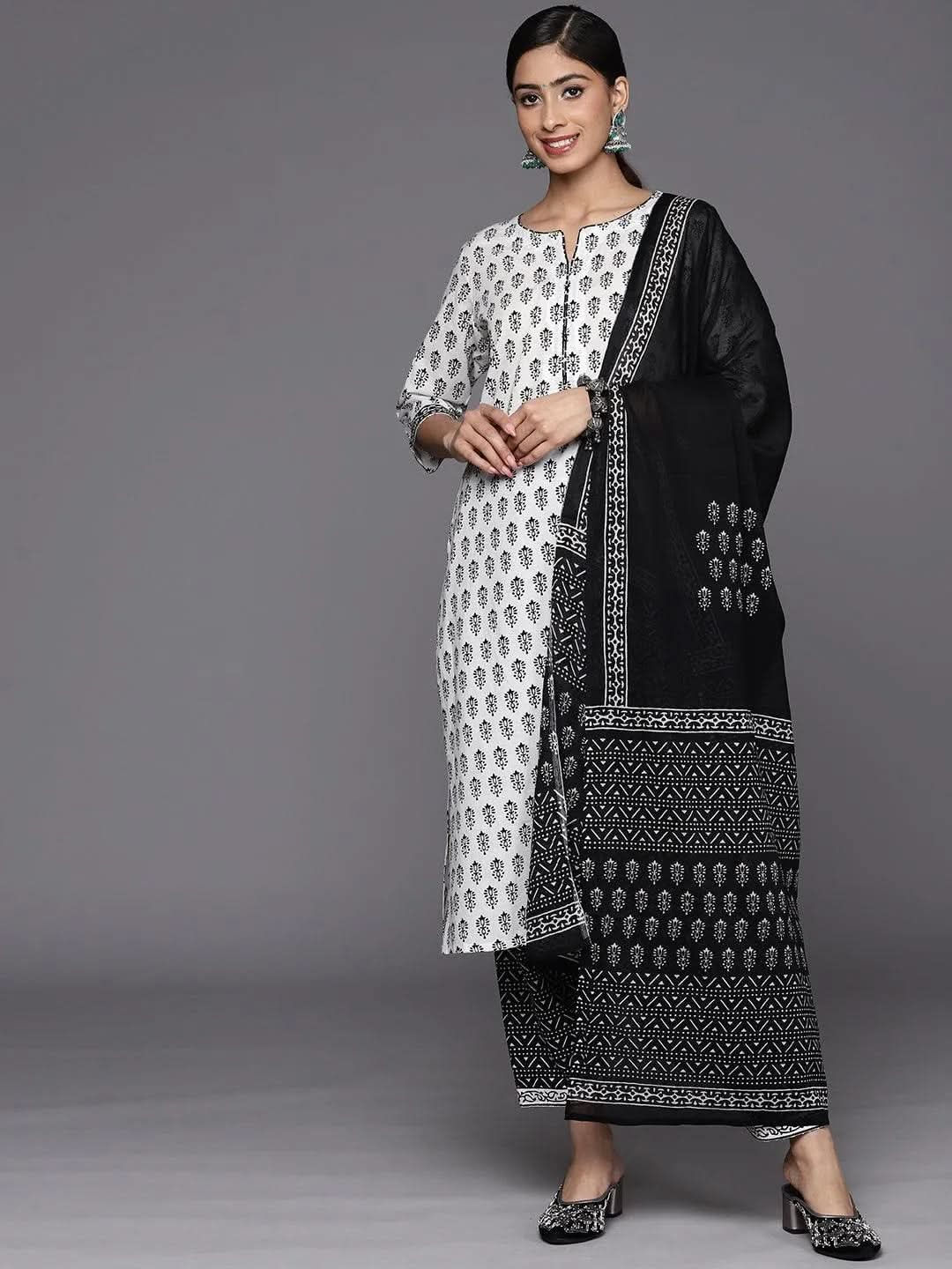 

White Printed Cotton Straight Kurta With Salwar & Dupatta