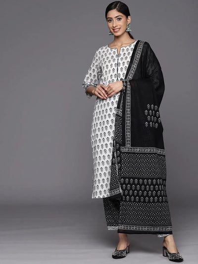 White Printed Cotton Straight Suit Set With Salwar - Libas